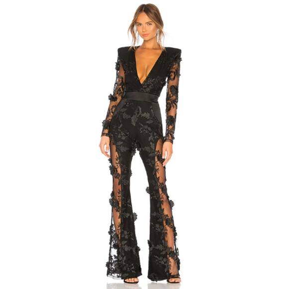 Zhivago Pants - Zhivago Black Lace Jumpsuit with Plunging Neckline and Flared Legs